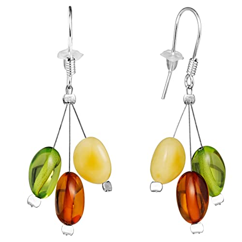 Amber Earrings for Women Multicolor Genuine Amber Jewelry Lightweight Silver Wire Certified Beaded Design