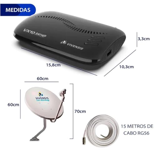 Kit Receptor Vivensis 2 Pontos SATHD VX10 + Antena Banda Ku 60cm + LNBF Duplo + Cabo RG59 15m