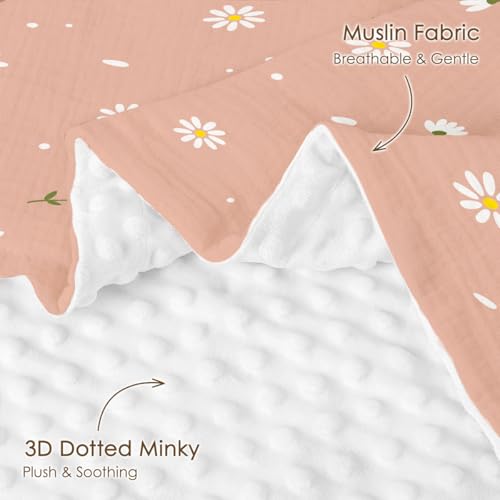 Image of SANDJEST Daisy Minky Muslin & Dotted Blanket 30x40 in Gift for Holiday, Gender Reveal Party, Hospital Visit, Baptism