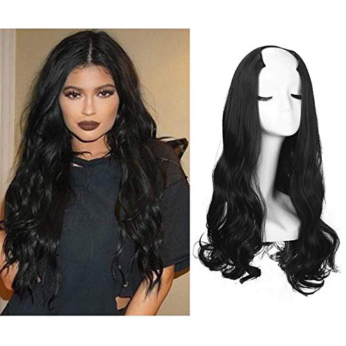 SARLA 22" Long Loose Wave U part Half Wig Clip in Full Head Synthetic Hair Extension Hairpiece Hair Piece For Women Invisible None Lace Front Japan Kanekalon High Tempareture Fiber(UW12#Jet Black 1B)