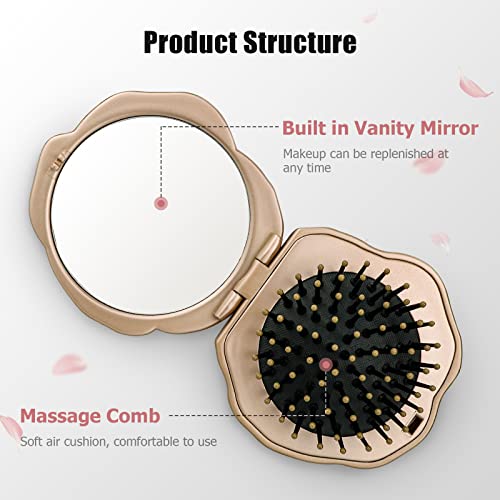 Folding Hair Brush, Mini Pocket Travel Mirror Brush Easy To Carry For Small Spaces Nylon Brush/Comb/Hairbrush For Women Men's Any Hairstyles Hair And Beards Wet Dry Hair Restore Shine, Champagne #TOP3