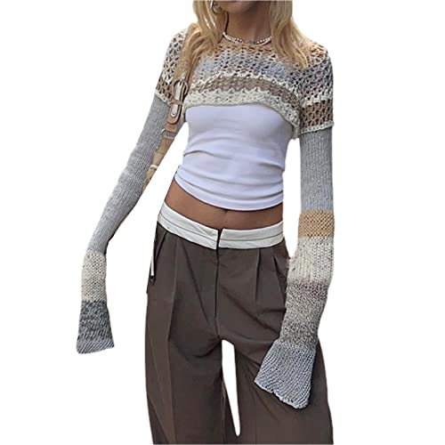 Women Wild Knitted Sweater Shrug Contrast Color Hollow-Out T-Shirt Round Neck Long Sleeve Crop Tops Streetwear2