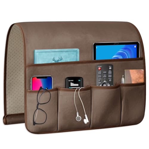 WETRBWEH TV Remote Control Holder Couch Caddy, Non-slip Bedside Caddy Organizer with 5 Pockets for Key Glasses Phone Magazine Holders (Brown, 35''x18'')
