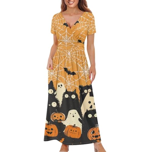 Image of Women's Fall Summer Short Sleeve Ankle Length V-Neck Party Dress with Pockets Size S-3XL