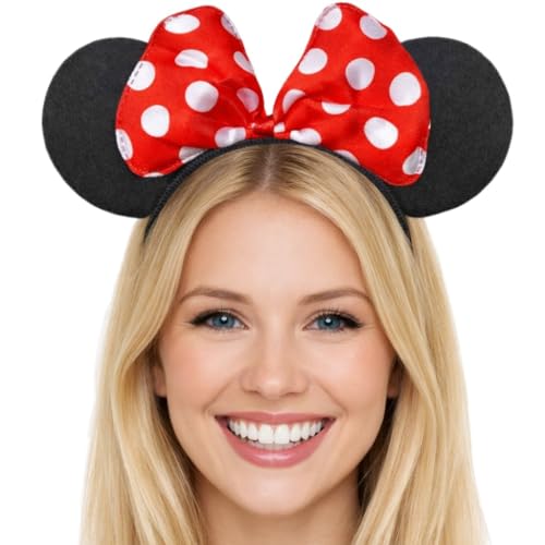 Hatstar Haarreifen mit Maus Ohren | Mouse Ears in schwarz mit roter Schleife und weißen Punkten | Fasching & Karneval | für Kinder und Erwachsene