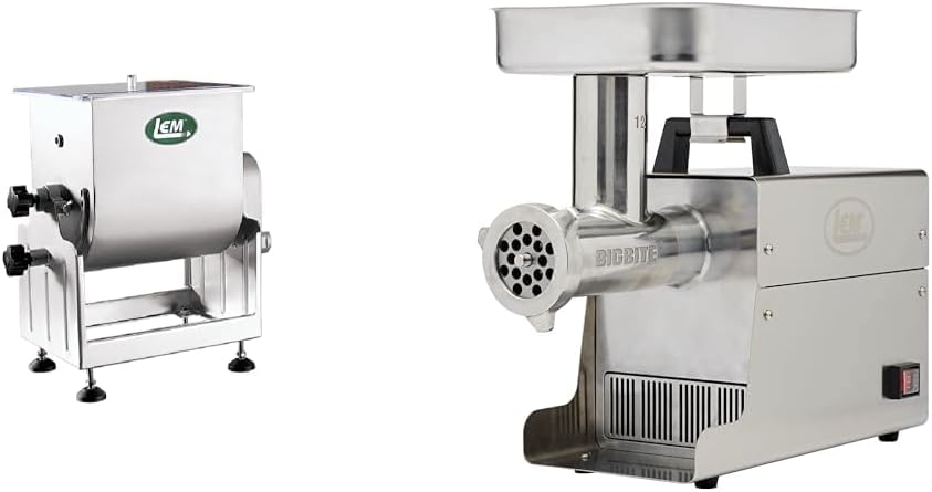 LEM Products BigBite 25 Pound Capacity Tilt Meat Mixer, Stainless Steel, Motor or Grinder Not Included & Products BigBite 12 Meat Grinder, 0.75 HP Stainless Steel Electric Meat Grinder Machine