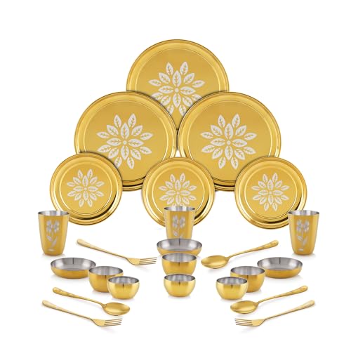 Image of iRiN by Dr.WaterR Parivar Stainless Steel Designer Dinner Set Gold PVD | Kitchen Set | Ideal for Home | Restaurant | Gifting | Wedding | Bowls, Plate, Glass, Spoon, Fork (Pack of 24pcs- for 3Person)
