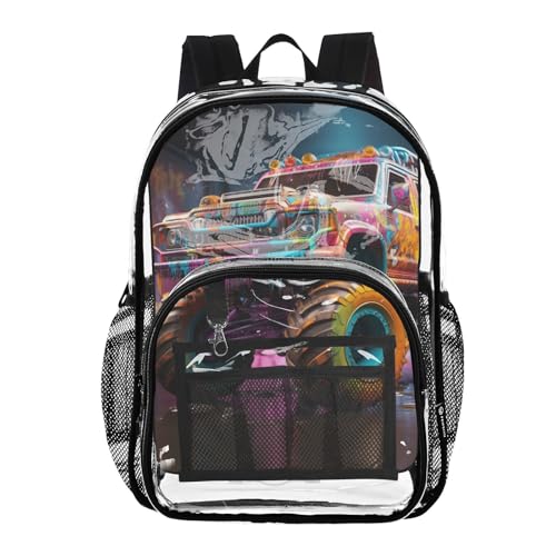 Colorful Truck Clear Backpack Lightweight Large Capacity See Through Bookbag Transparent Daypack Bag, 12L