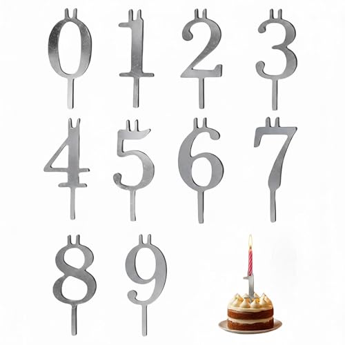 ASTRULUME Reusable Number Birthday Candle Holders - 10Pcs Silver Metal Cake Topper Decoration (0-9) - Digital Stands for Milestone Birthdays, Anniversaries & Cake Smash