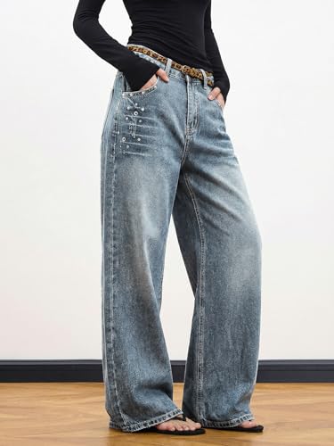 Image of EMMIOL Women Hip Hop 90s Vintage Baggy Jeans Denim Pants Mid Waist Jeans