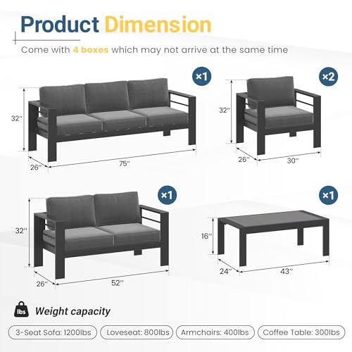 Solaste Aluminum Patio Furniture Set for All Weather, Oversized Metal Outdoor Furniture Set with 27.5" Deep Seating and 3.2" Wide Armrest, Outdoor Patio Conversation Sets with 10" Back Cushion, Gray