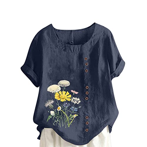 2021 Nuevo Camiseta de Mujer, Verano Moda Flores Impresión Manga Corta Algodón y Lino Elegante Cómodo Blusa Talla Grande Camisa Cuello Redondo Camiseta Casual Suelto Tops Fiesta T-Shirt Original tee