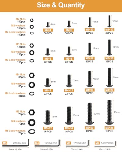 VIGRUE 1744PCS M2 M3 M4 M5 Schrauben Set,Kohlenstoffstahl Schwarz und Muttern Unterlegscheiben Rund-Knopfkopf Linsenkopf Innensechskant mit Schraubenschlüssel Gewindeschrauben