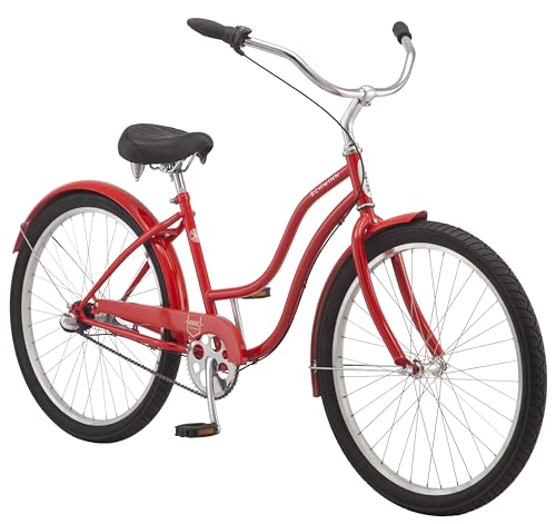 Schwinn Mikko Adult Beach Cruiser Bike, Featuring 17-Inch/Medium Steel Step-Over Frames, 3-Speed Drivetrains, Red