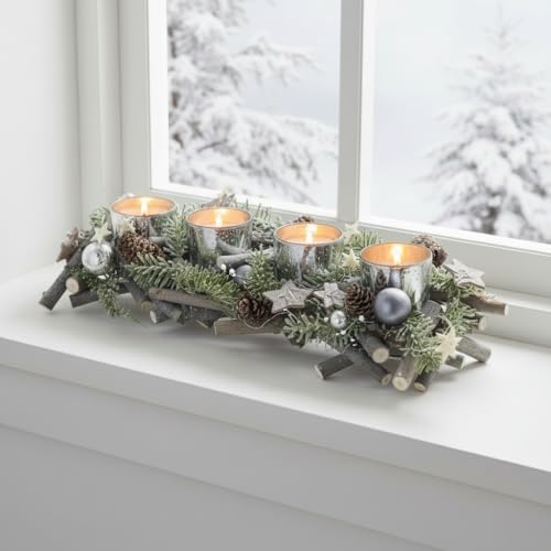 Mr Crimbo Wooden Christmas Candle Holder Bar Rustic Logs Pine Branches Pine Cones Stars Baubles Silver Grey Tealight Votive Table Centrepiece