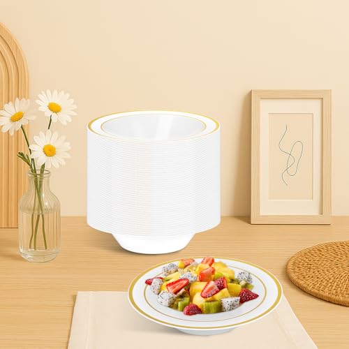 KisSealed 100 Pack 12oz Plastic Bowls with Gold Rim,Heavy-Duty Disposable Soup Bowls for Hot or Cold Food,Premium Plastic Dessert & Salad Bowls for Wedding,Party,Catering & Everyday Use