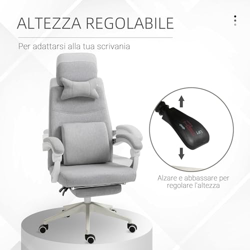 Sedia da Ufficio Ergonomica, Sedia da Scrivania con Rotelle, Cuscino Lombare, Poggiatesta e Poggiapiedi Estraibile, Grigia 62x68x117-127cm - Sedia gaming - Immagine 3