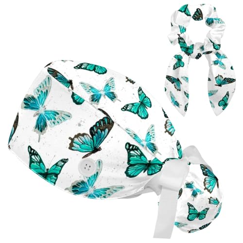 Image of Butterfly Scrub Cap Women with Ponytail & Buttons Adjustable Surgical Nurse Hat with Cotton Sweatband for Long Hair