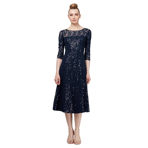 S.L. Fashions Women's Midi Length Sequin Fit and Flare Dress (Missy Petite), Navy Lace, 14P