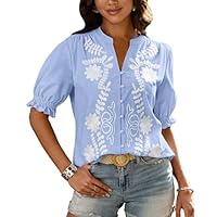 BTFBM Women's 2025 Summer Tops Casual Floral Boho V Neck Puff Short Sleeve Button Down Shirts Embroidered Blouses Tunic(Floral Light Blue White, Medium)