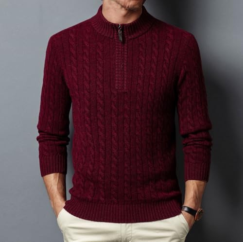 Mens 100% Wool Quarter Zip Sweater Long Sleeve Cable Knit Mock Neck Polo Casual Pullover Sweaters3