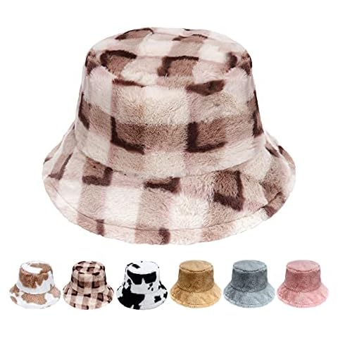 Gebell Fishing Hat Women's Winter - Plush Bucket Hat Fluffy Winter Hat Warm Bucket Hat Faux Fur Fluffy Fishing Hat Fishing Hat for Women Girls, Khaki + bronze, One Size Fits All Cover
