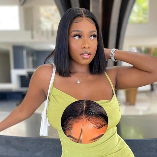 Karlami Wear and Go Glueless Bob Wig Human Hair Pre Plucked Pre Cut Straight 5X5 HD Lace Frontal Bob Wigs Human Hair For Black Women 180% Density (Natural Black, 5X5 gluelessbob 12 inch)
