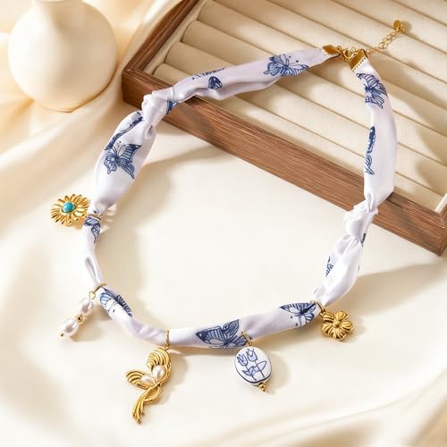 Harlermoon Scarf Necklace Heart Flower White Pink Blue Adjustable Bandana Choker Silk Western for Women Boho Beach Ceramic Jewelry (White) — view 6