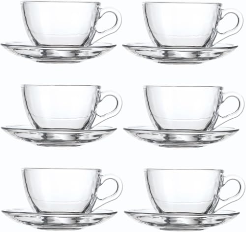 Image of KELVEE New Crystal Clear Classic Glass Tea & Coffee Cup and Saucer Set, for Espresso Cappuccino hot Chocolate Green Tea and More, (6 Cups and 6 Saucers) - Pack of 12