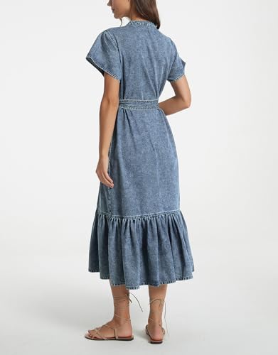 Image of Kedera Summer Button Down Denim Shirt Dresses for Women Maxi Ruffle Short Sleeve Flowy Tiered Beach Sun Dress