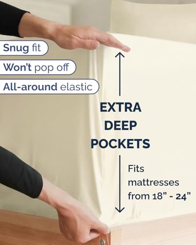 Image of Extra Deep Twin XL Sheet Set - 4 Piece Breathable & Cooling - Off White | Hotel Luxury Bed Sheets Set, Easy & Secure Fit, Ultra-Soft, Wrinkle & Fade Free, Comfy Sheets Set with Extra Deep Pockets