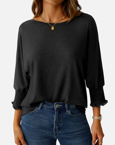 NORACORA Women's 3/4 Sleeve Tops Loose Fit Dressy Casual T Shirts for Women Basic Tees Blouses with Smocked Cuffs2