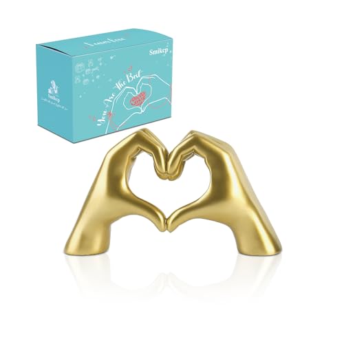 Heart Gesture Sculpture - Modern Gold Resin Hand Heart Statue for Home Decor Minimalist Aesthetic Room Decor for Shelf Office Desk Bookshelf Coffee Table - Romantic Music Fan (Small) Golden