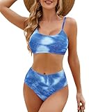 High Waisted Bikini Sets for Women Two Piece Swimsuit Sporty Bathing Suit Textured Swimwear Blue White Tie Dye Small