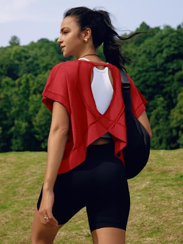 Image of SENSERISE Womens Open Back Workout Tops Backless Short Sleeve Athletic Shirt Running Crop Top Gym Yoga Tee