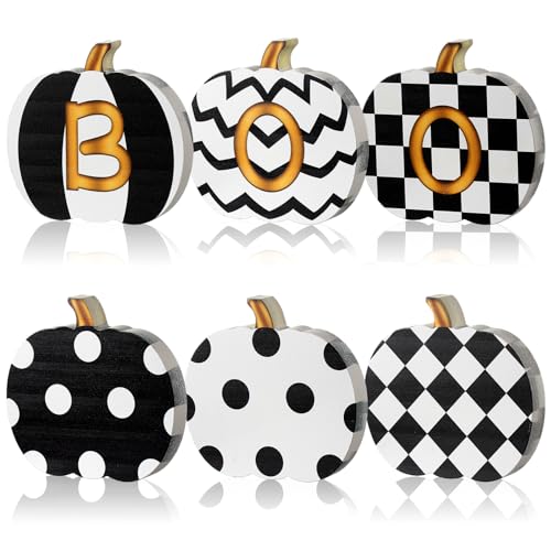 Meanplan 3 piezas de decoraciones de Halloween para interiores de madera Boo calabazas escalonadas, decoración de doble cara en blanco y negro para otoño, mesa, oficina, escritorio, chimenea, estante
