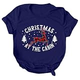 Mujeres Navidad Casual Estampado Manga Corta Cuello Redondo Camiseta Suelta Blusa Tops Camiseta Manga Larga Mujer, azul, XXL