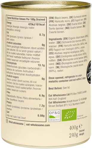 Foto von Eat Wholesome Bio Schwarze Bohnen, 400g (Packung Von 12) - In Wasser, Vorgekocht, Ohne Zusatz Von Salz, 100% Natürlich, Proteinquelle, Vegan, Non-BPA Auskleidung