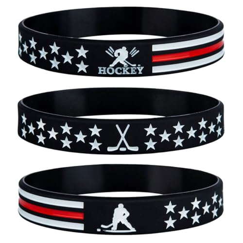 Sainstone Hockey Silicone Motivational Wristbands with Thin Red Line American Flag, Ice and Field Hockey Bracelets for Men Women Athletes Teens Sports Party Cheer Gifts Supplies Favors (Unisex)