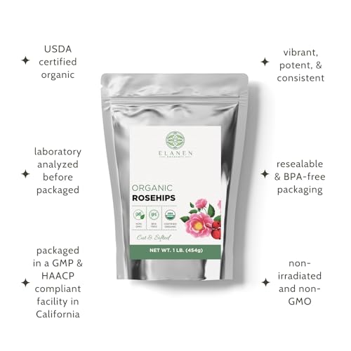 ELANEN naturals Organic Rose Hips 1 lb. (16 oz.), USDA Certified Organic Rosehip Tea, Dried Rose Hips Dried Organic, Rose Hip Tea Organic, Whole Rose Hips Bulk, Cut & Sifted