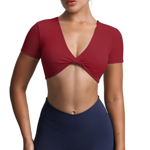 Image of Aoxjox Short Sleeve Crop Tops for Women Sienna Twist Deep V Workout Cropped T Shirt Top