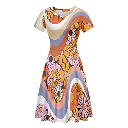 Image of POLERO Women Puffy Swing Elegant Party Midi Dresses Short Sleeve Round Neck A-Line Dress