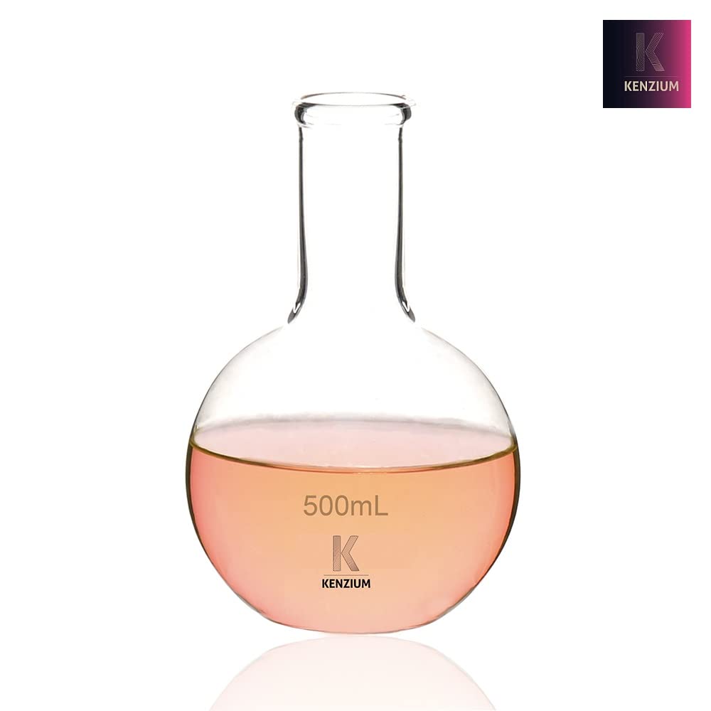 KENZIUM - Set di 2 Matracci a Fondo Piatto, 250 e 500 ml di Capienza | Vetro borosilicato 3.3, Molto Resistente, Collo Stretto, Senza Graduazione, Ideale per Ebollizione | Laboratorio