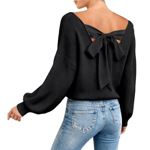 Image of Elegant knitted sweater, soft, casual long-sleeve top with bow detail. Comfortable, loose-fitting tunic for everyday versatile outfits, perfect for work or relaxing., black, M