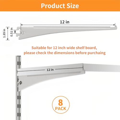 Fardtry 8 Pcs Tap-in Shelf Brackets, 12 Inches Adjustable Shelf Track Brackets for Single Track Twin Track System Closet, Bookshelf, Spice Rack (Silver) by Fardtry - Image 2
