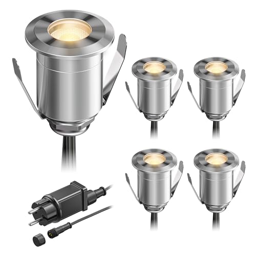 ledscom.de Lámpara LED empotrada en el suelo BINO para exteriores, IP67, 32mm Ø, blanco cálido, juego de 5