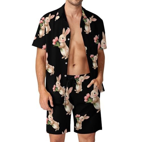 Conjunto de ropa de hombre con estampado original de conejos y tulipanes de 2 piezas