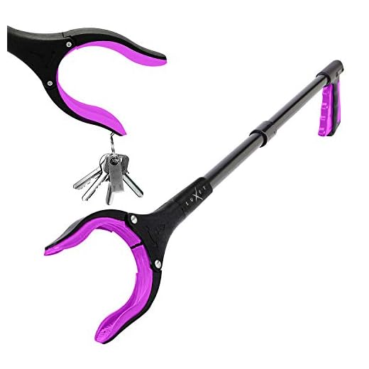 Grabber Reacher Tool - Long 32 Inch (Pink) Aluminum Foldable Pick Up Stick - Strong Grip Magnetic Tip for Store Shelves, Lightweight Trash Picker Claw Reacher Grabber Tool for Elderly - by Luxet