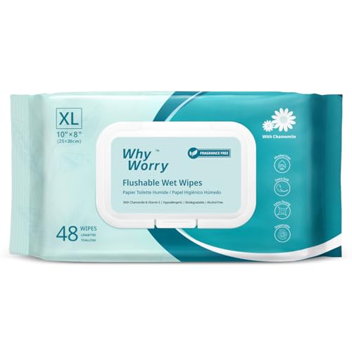 WhyWorry XL Papel Higiénico Húmedo Desechable con Manzanilla y Vitamina E por WC, Extra Grandes 20x25 cm Toallitas Húmedas para Limpieza Íntima, Biodegradable y Sin Plástico, sin Perfume, 48 Unidades