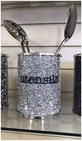 SILVER PETALS - XL Sparkly Crushed Diamond Crystal Filled Utensil Holder, Kitchen Bling Gift